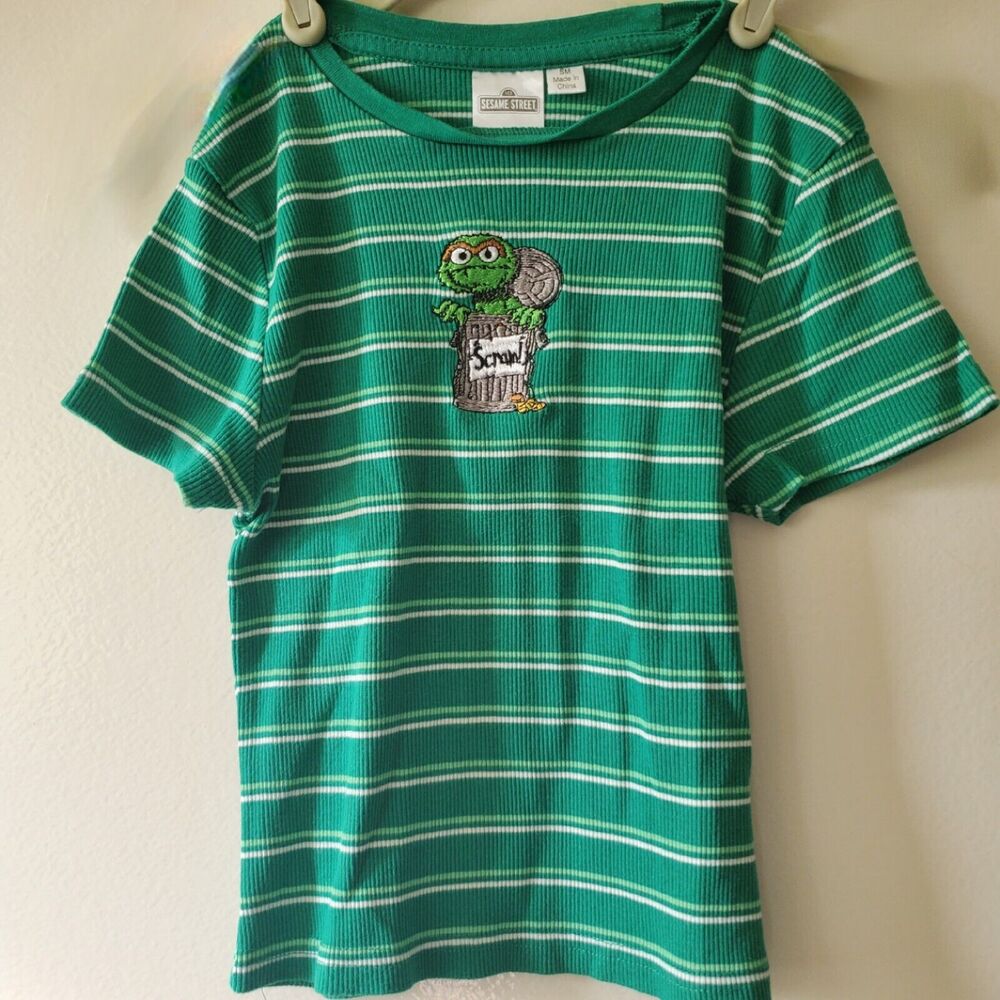 Sesame Street Oscar The Grouch Green Striped Short Sleeved Shirt Child S/M